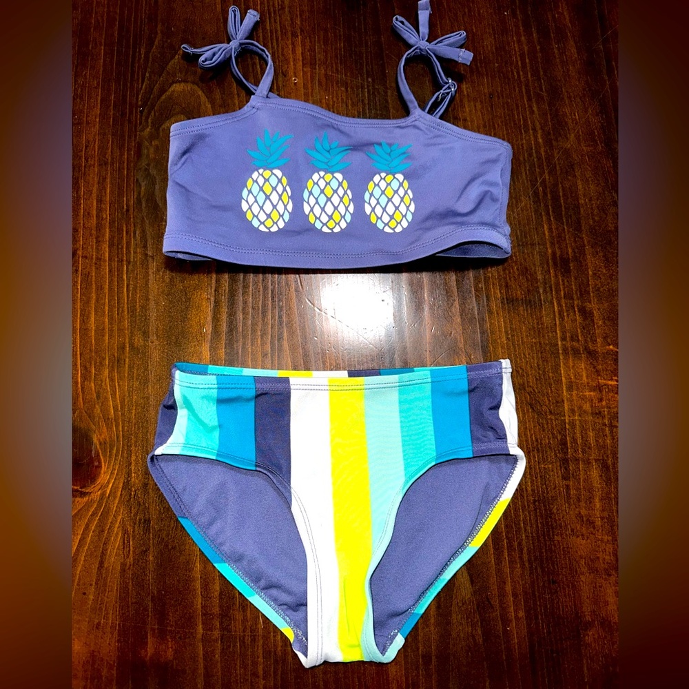 👙 2 piece set girls sz 7 swimsuit bikini pineapple striped green blue🍍
